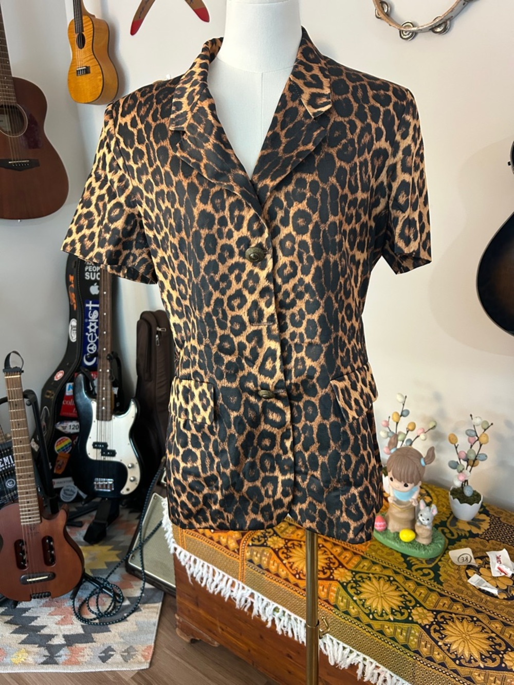 Vintage Vertigo Paris  Leopard Print Short Sleeve Button Front Top - Brown/Black